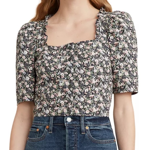 Levi’s Floral Puff Shoulder Cropped Blouse Medium - Picture 3 of 7